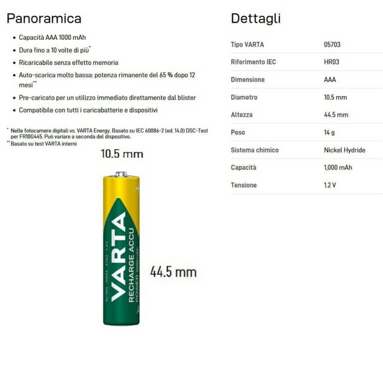 2 Pile Ricaricabili VARTA RECHARGE ACCU POWER AAA 1000mAh 1,2v - immagine 3