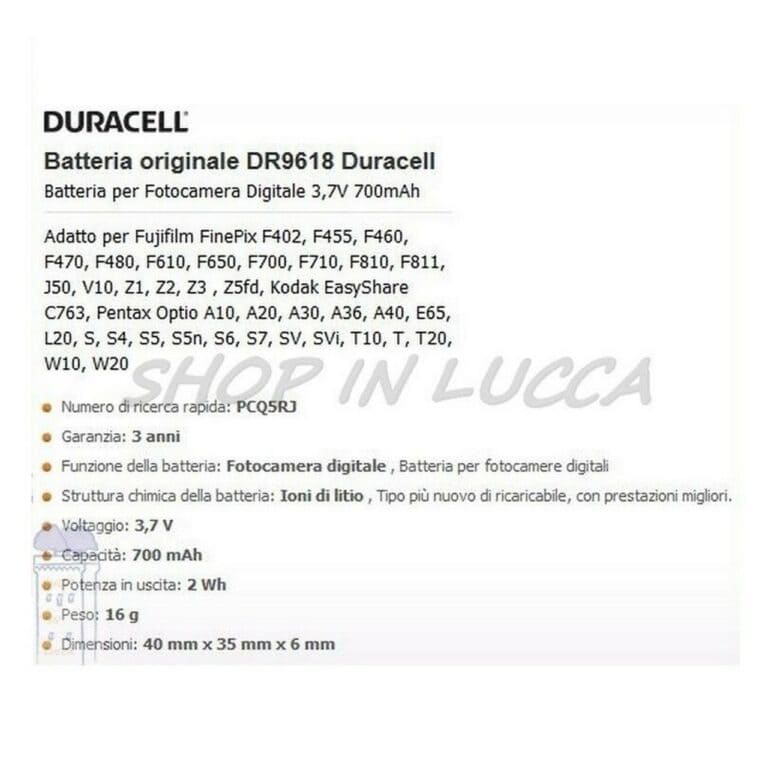 Batteria Ricaricabile DURACELL DR9618 sostituisce FUJIFILM NP-40 - KODAK KLIC-7005 - Pentax D-Li8 -Panasonic CGA-S004E - DMW-BCB7 - immagine 2