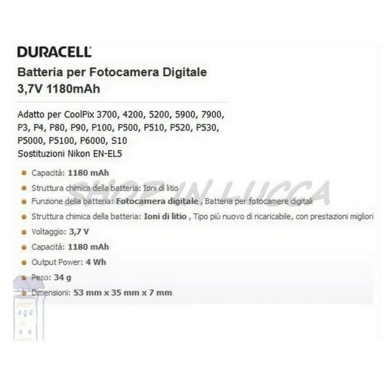 Batteria Ricaricabile DURACELL DR9641 sostituisce Nikon EN-EL5 per Coolpix series - immagine 2