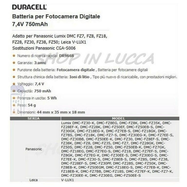 Batteria Ricaricabile DURACELL DR9668 sostituisce Panasonic CGR-S006 per Lumix DMC-FZ50 FZ38 - immagine 2