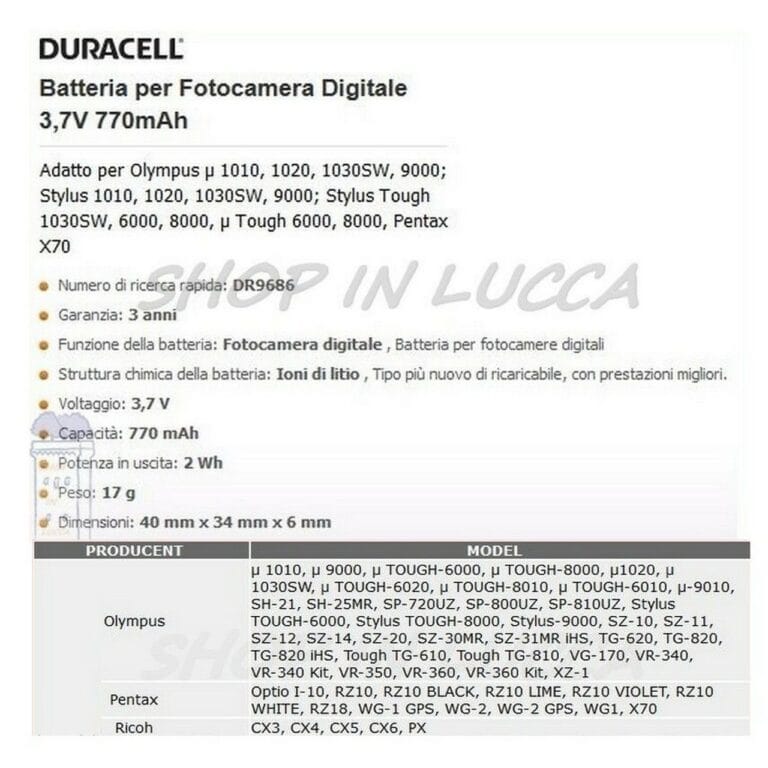 Batteria Ricaricabile DURACELL DR9686 sostituisce OLYMPUS LI-50B  PENTAX D-LI92 RICOH DB-100 PANASONIC VW-VBX090 CASIO NP-150 - immagine 2