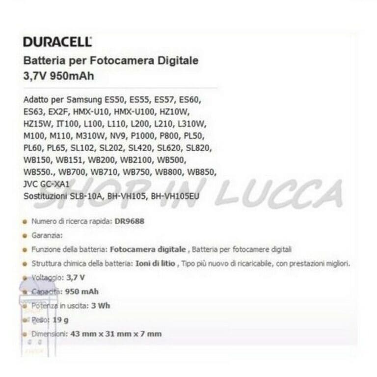 Batteria Ricaricabile DURACELL DR9688 sostituisce Samsung SLB-10A per ES60 L100 M100 PL70 - immagine 2