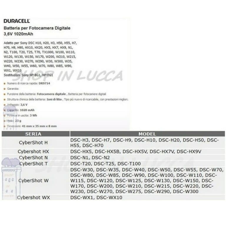 Batteria Ricaricabile DURACELL DR9714 sostituisce SONY NP-BG1 NP-FG1 per DSC-H90 -T100 -W300 - immagine 2