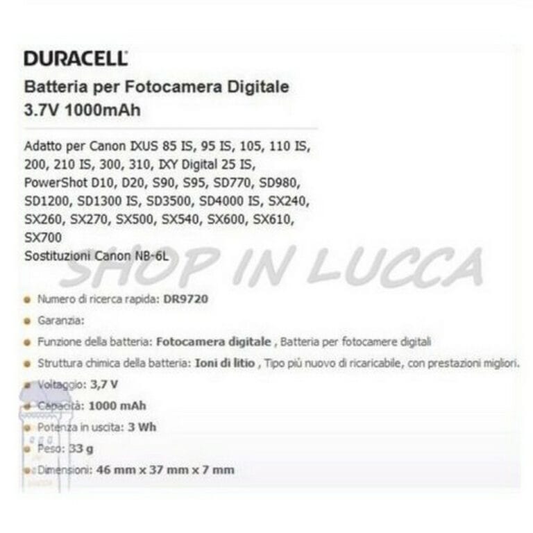 Batteria Ricaricabile DURACELL DR9720 sostituisce Canon NB-6L per IXUS 300HS Powershot SX700 - immagine 2