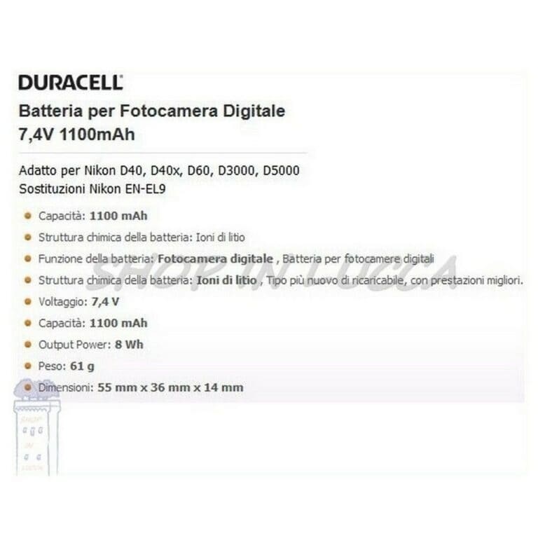 Batteria Ricaricabile DURACELL DR9900 sostituisce Nikon EN-EL9 per D series - immagine 2