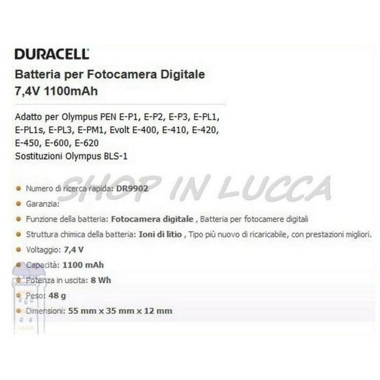 Batteria Ricaricabile DURACELL DR9902 sostituisce Olympus BLS-1 per EVOLT E-410 PEN E-PL1 - immagine 2