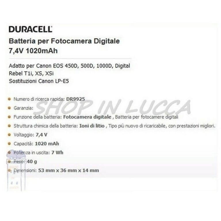 Batteria Ricaricabile DURACELL DR9925 sostituisce Canon LP-E5 per EOS 1000D KISS X3 REBEL XS - immagine 2