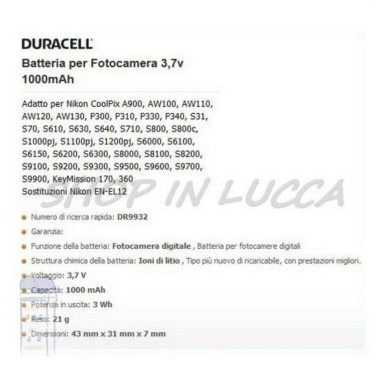 Batteria Ricaricabile DURACELL DR9932 sostituisce Nikon EN-EL12 per Coolpix series - immagine 2