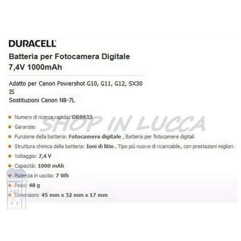 Batteria Ricaricabile DURACELL DR9933 sostituisce Canon NB-7L per Powershot G10 G11 G12 SX30 - immagine 2