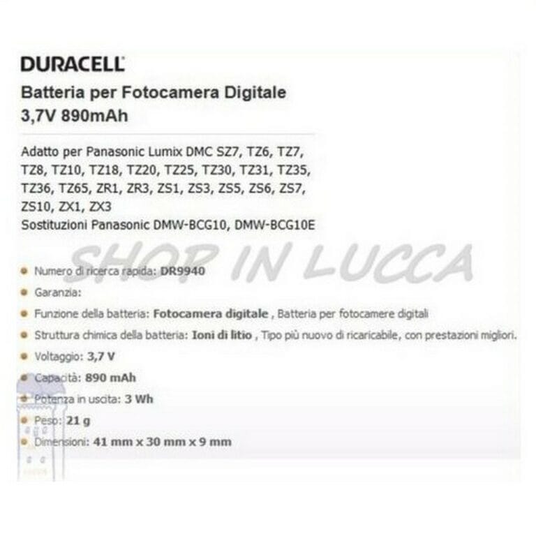 Batteria Ricaricabile DURACELL DR9940 sostituisce Panasonic DMW-BCG10 per Lumix DMC-TZ65 ZX3 ZR3 ZS19 - immagine 2