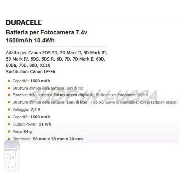 Batteria Ricaricabile DURACELL DR9943 sostituisce Canon LP-E6 per EOS Fotocamera 7D MKII 70D - immagine 2