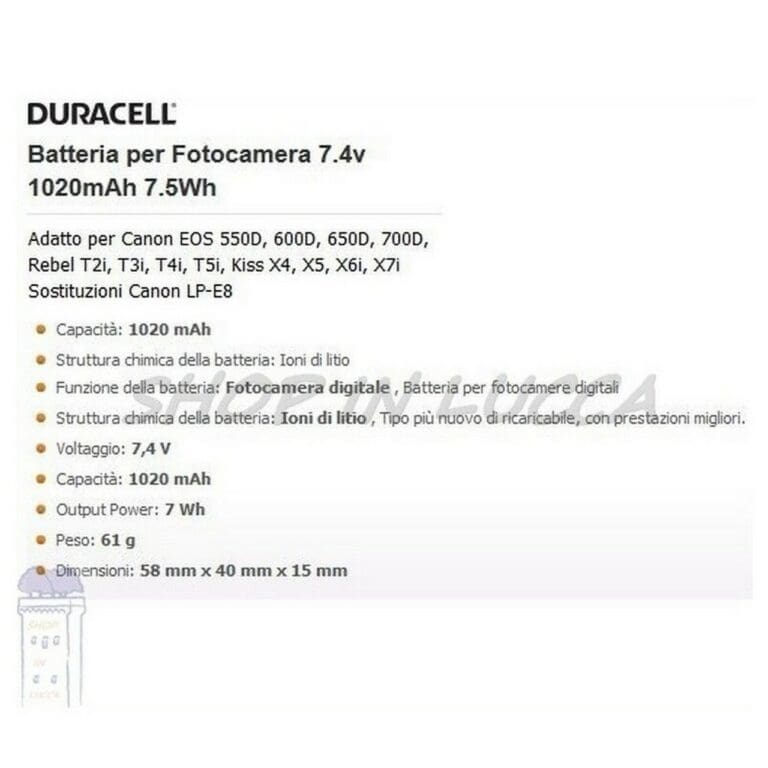 Batteria Ricaricabile DURACELL DR9945 sostituisce Canon LP-E8 per EOS 700D Kiss X7i Rebel T5i - immagine 2