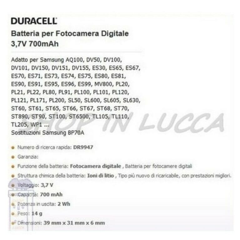 Batteria Ricaricabile DURACELL DR9947 sostituisce Samsung BP70A per PL200 SL600 ST100 ES80 - immagine 2