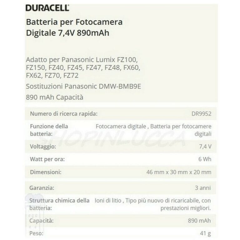 Batteria Ricaricabile DURACELL DR9952 sostituisce Panasonic DMW-BMB9E per Lumix DMC-FZ150 FZ100 FZ70 - immagine 2