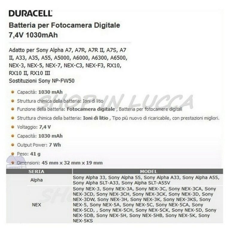 Batteria Ricaricabile DURACELL DR9954 sostituisce SONY NP-FW50 per Alpha Nex SLT - immagine 2