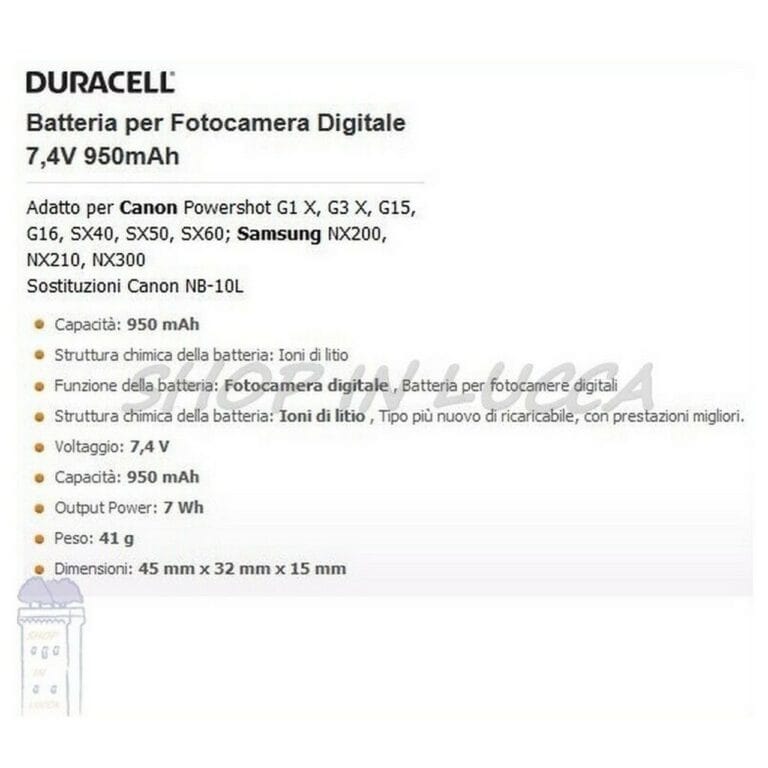 Batteria Ricaricabile DURACELL DRC10L sostituisce Canon NB-10L per Powershot G15 G3X SX60 HS - immagine 2