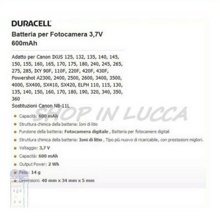 Batteria Ricaricabile DURACELL DRC11L sostituisce Canon NB-11L per IXUS 265 Powershot A4000 - immagine 2