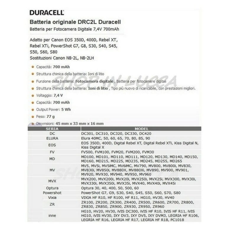 Batteria Ricaricabile DURACELL DRC2L sostituisce Canon NB-2L per EOS X Elura 80 Legria ZR960 - immagine 2