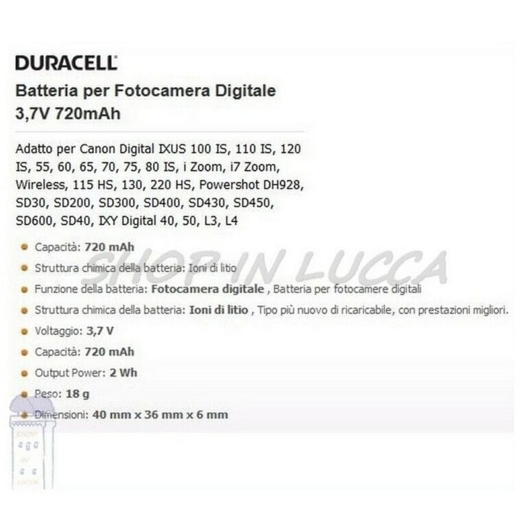 Batteria Ricaricabile DURACELL DRC4L sostituisce Canon NB-4L per IXUS 70 IXY 90 Powershot SD750 - immagine 2