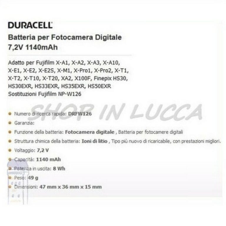 Batteria Ricaricabile DURACELL DRFW126 sostituisce FUJIFILM NP-W126 per Finepix HS50 EXR - immagine 2