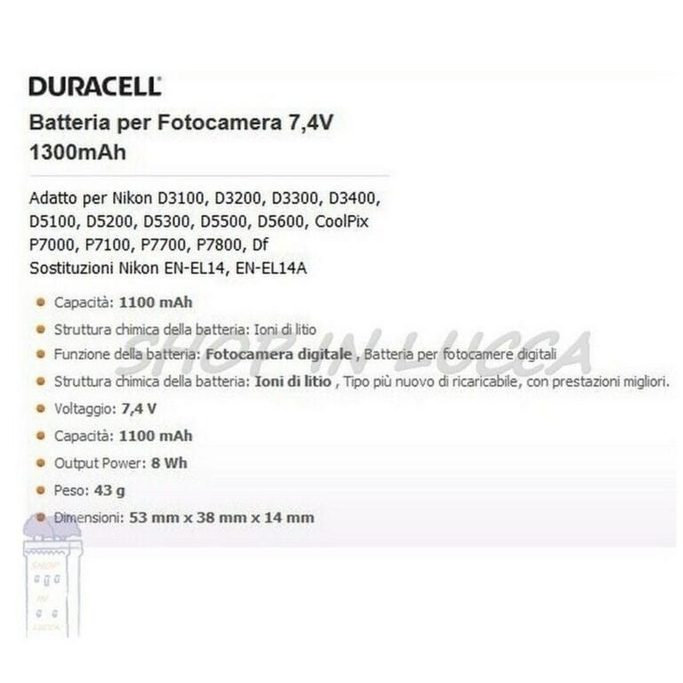 Batteria Ricaricabile DURACELL DRNEL14 sostituisce Nikon EN-EL14 per Coolpix P7800 D5500 - immagine 2