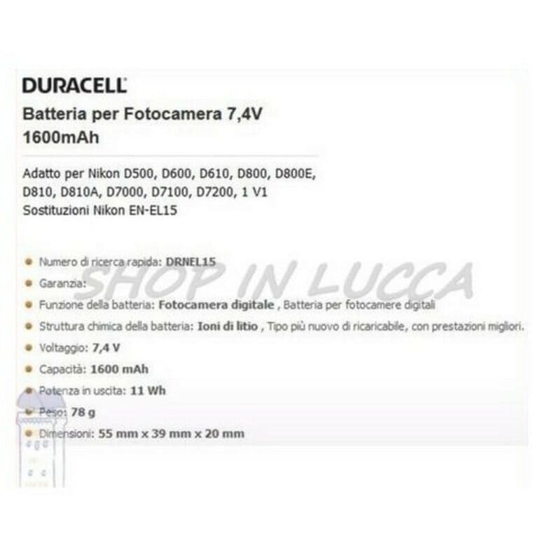 Batteria Ricaricabile DURACELL DRNEL15 sostituisce Nikon EN-EL15 per D500 D600 D800 D7000 - immagine 2