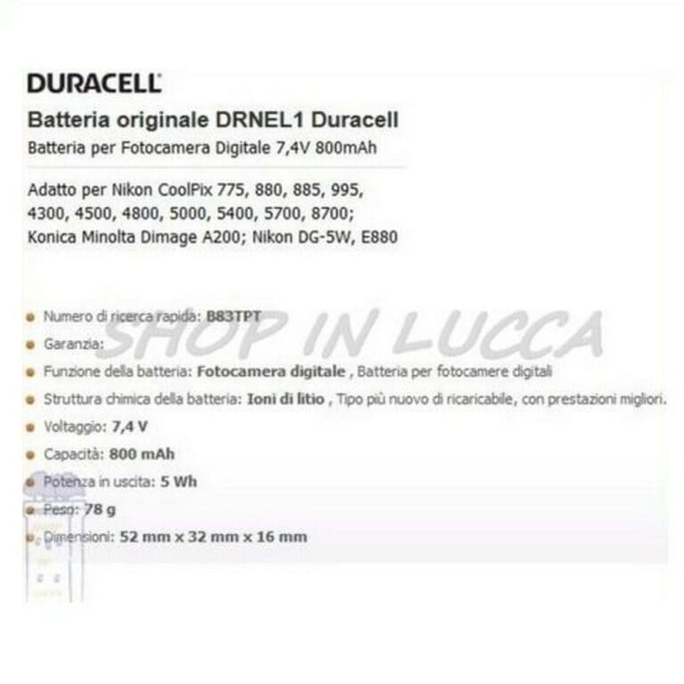 Batteria Ricaricabile DURACELL DRNEL1 sostituisce Nikon EN-EL1 per CoolPix 5000 Konica DG-5W - immagine 2