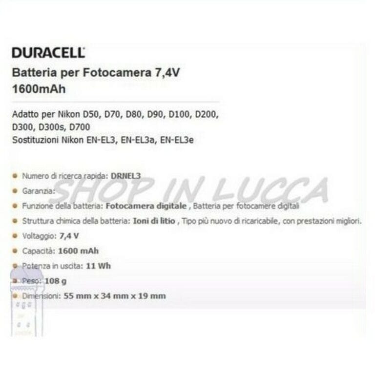 Batteria Ricaricabile DURACELL DRNEL3 sostituisce Nikon EN-EL3e per D50 70 80 90 100 200 - immagine 2