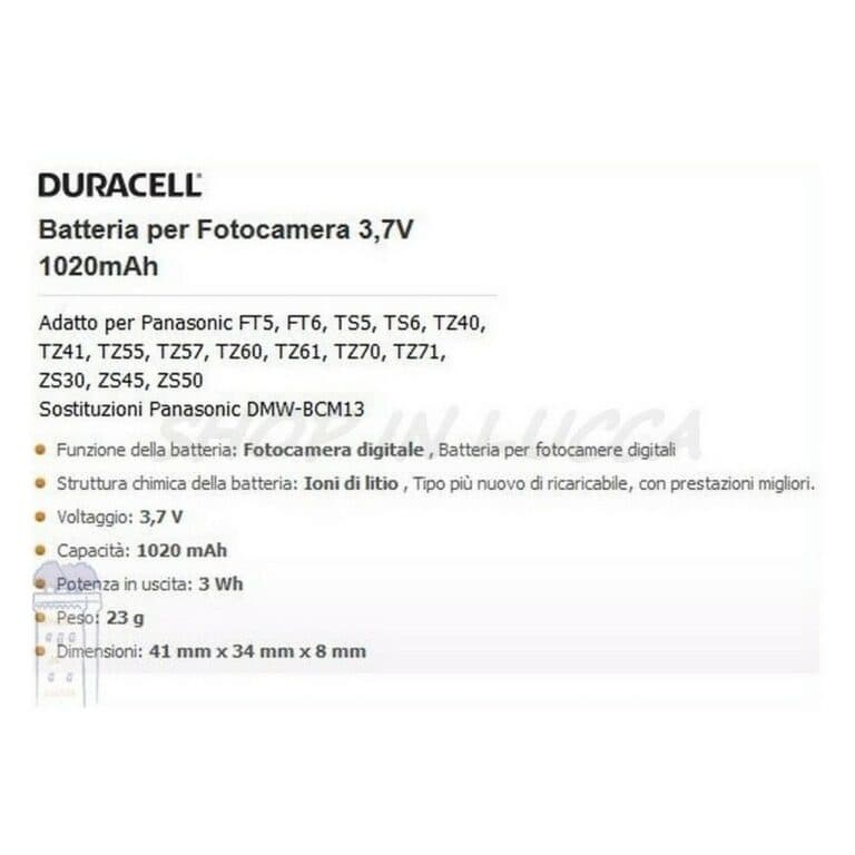 Batteria Ricaricabile DURACELL DRPBCM13 sostituisce Panasonic DMW-BCM13 per Lumix TS5 TZ70 - immagine 2