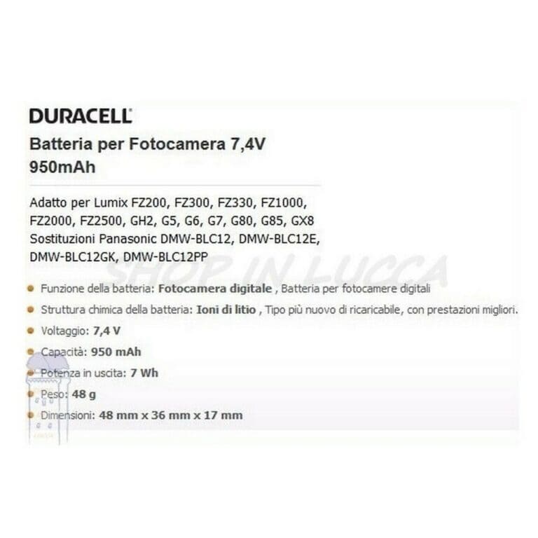 Batteria Ricaricabile DURACELL DRPBLC12 sostituisce Panasonic DMW-BLC12 per Lumix G5X FZ1000 - immagine 2