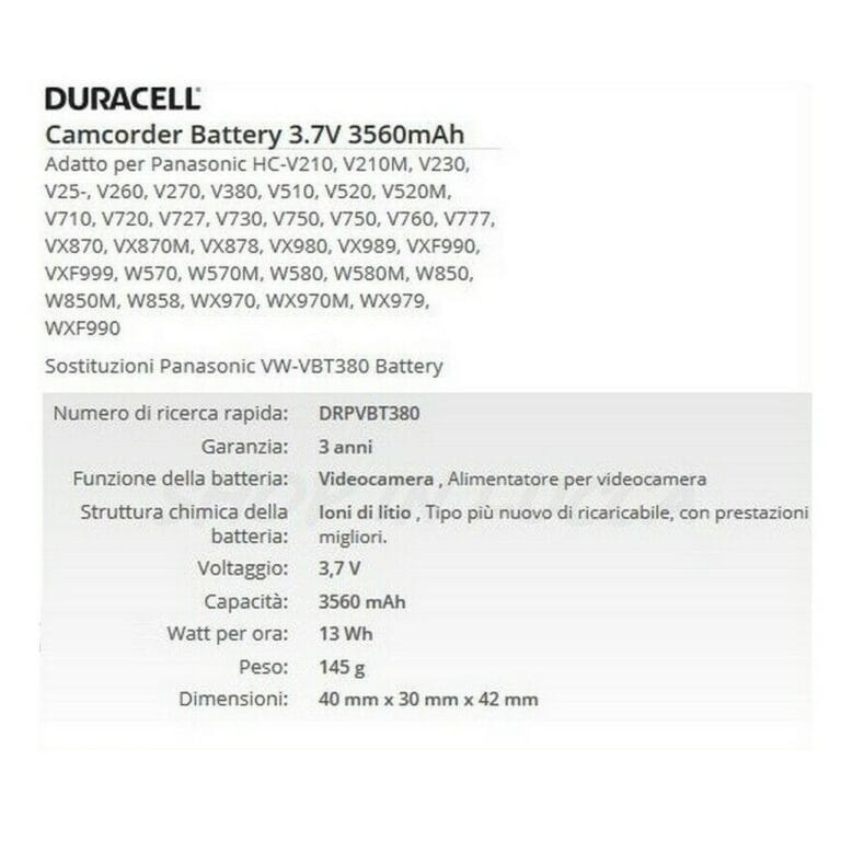 Batteria Ricaricabile DURACELL DRPVBT380 sostituisce Panasonic VW-VBT380 per HC-V770 HC-W850 WXF990 - immagine 2