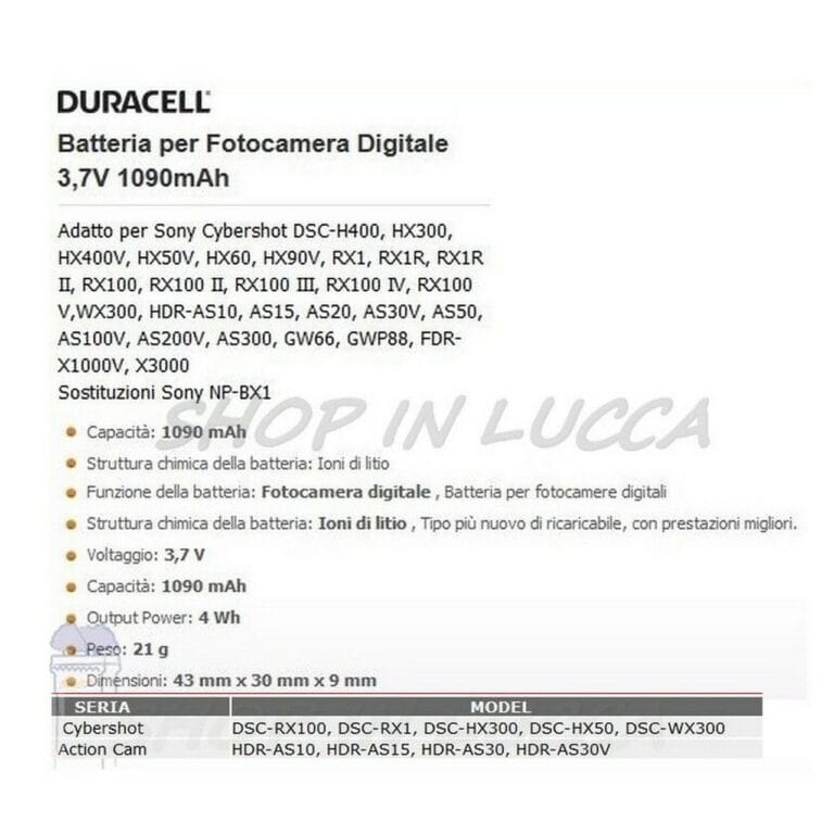 Batteria Ricaricabile DURACELL DRSBX1 sostituisce SONY NP-BX1 per DSC-WX350 RX100 HDR-GW88 - immagine 2