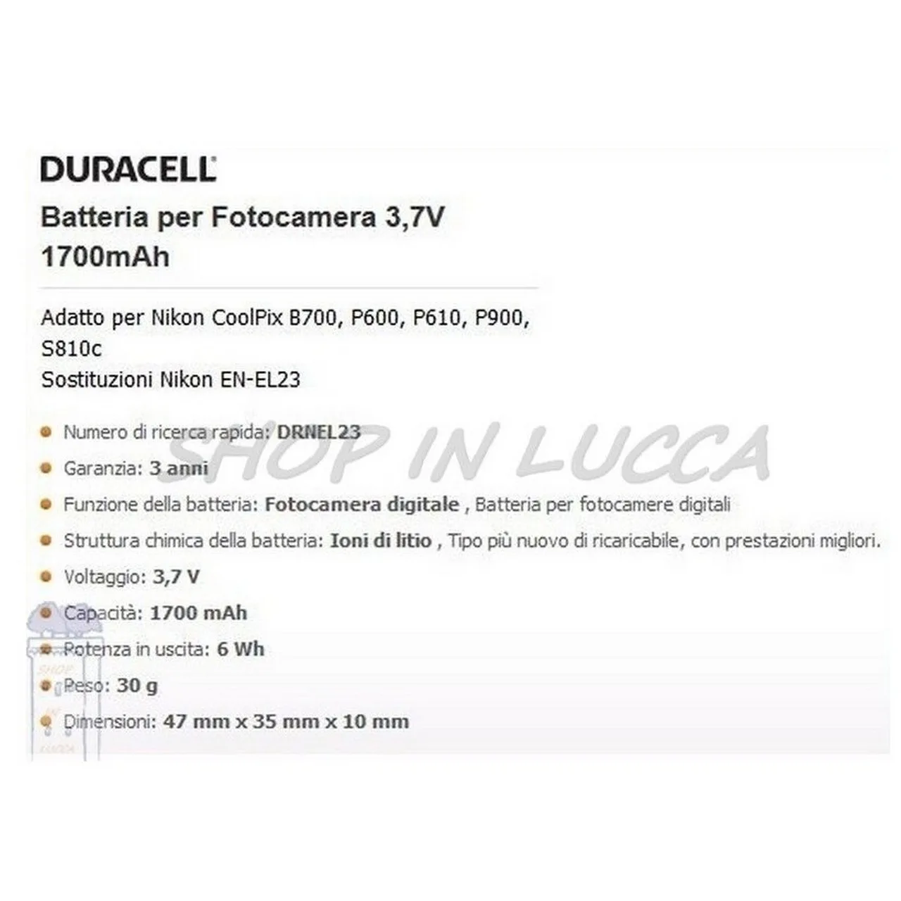 Batteria Ricaricabile DURACELL DRNEL23 sostituisce Nikon EN-EL23 per Coolpix P600 810c - immagine 2