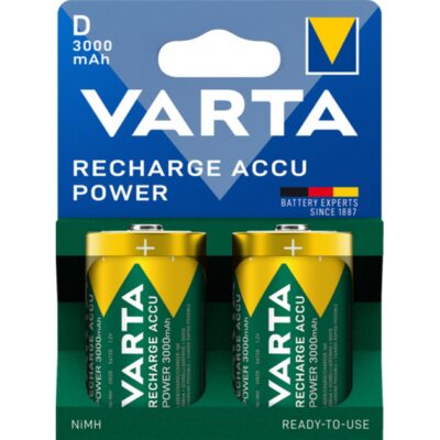 2 Pile Ricaricabili VARTA RECHARGE ACCU POWER D Torcia HR20 3000mAh 1,2v