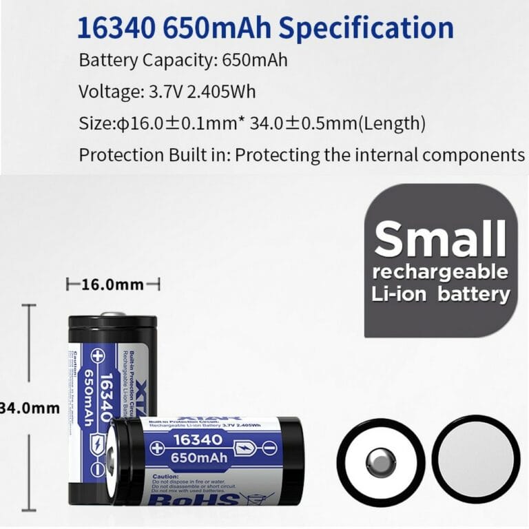 Batteria Pila Ricaricabile XTAR 16340 Litio 3,7v 650mAh Polo Rialzato e con Circuito di Protezione - immagine 2