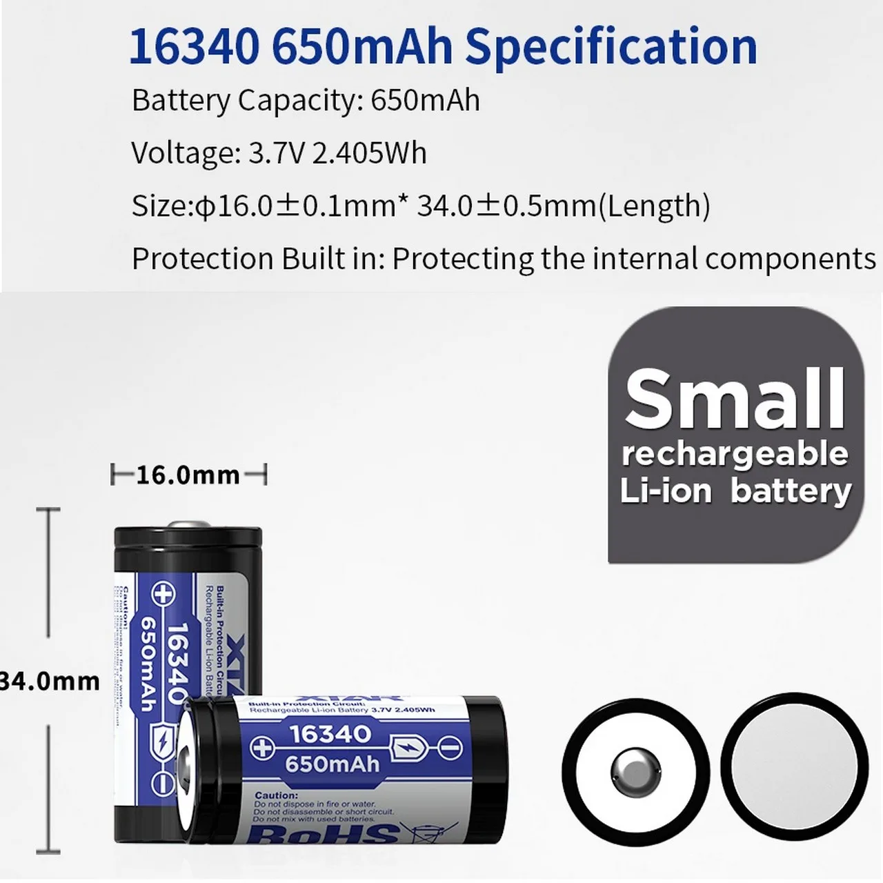 Batteria Pila Ricaricabile XTAR 16340 Litio 3,7v 650mAh Polo Rialzato e con Circuito di Protezione - immagine 2