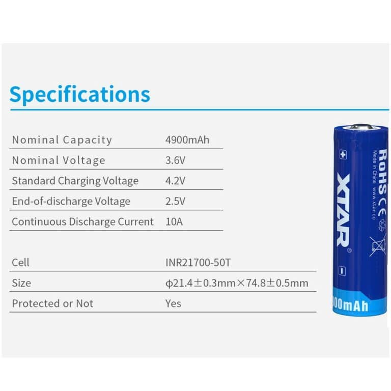 Batteria Pila Ricaricabile XTAR 21700 Litio 3,7v 4900mAh scarico 10A Polo Rialzato e con Circuito di Protezione - immagine 2