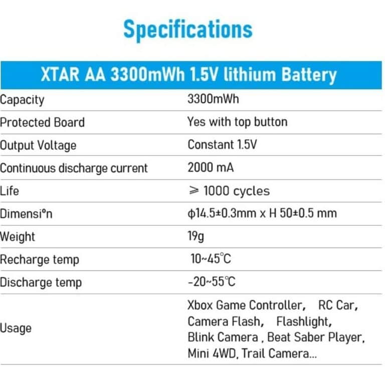 Batteria Pila Ricaricabile XTAR AA Stilo Litio 1,5v 2000mAh 3300mWh Polo Rialzato e con Circuito di Protezione - immagine 2