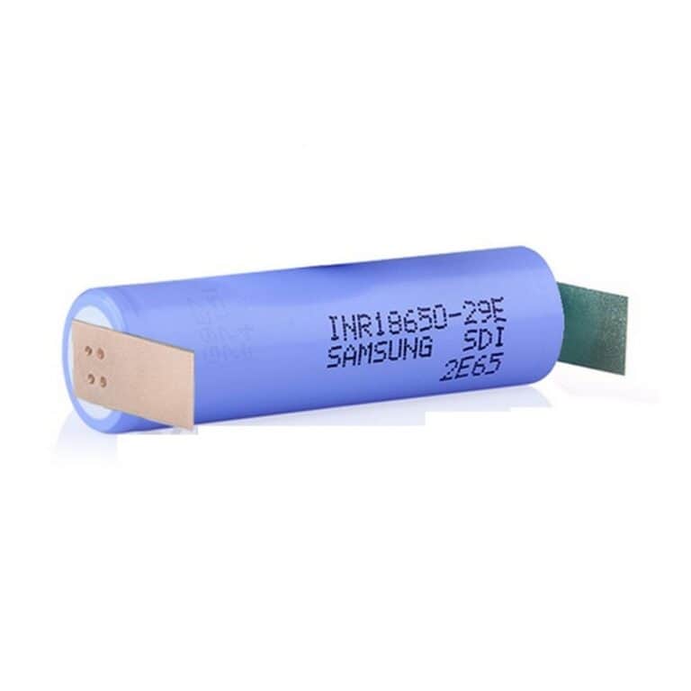 Batteria Pila Ricaricabile SAMSUNG INR 18650 -29E Litio 3,6v 2850mAh scarico 8,25A U-Solder Tag Lamelle Saldare Contrapposte