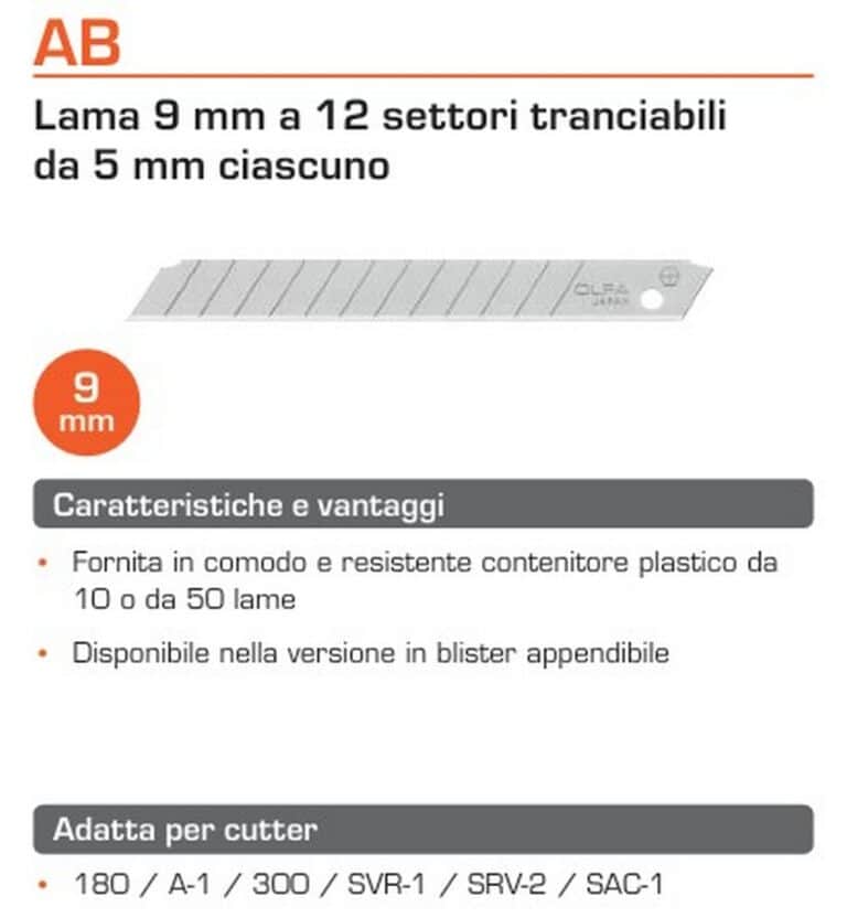 10 Lame Universali OLFA AB 9mm AB-10/B per cutter taglierino 180 A-1 300 SVR-1 SRV-2 SAC-1 made in Japan - immagine 2