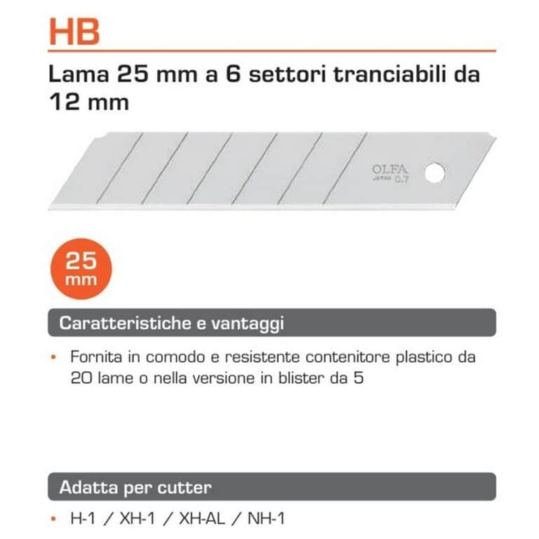 5 Lame OLFA HB 25mm spezzare 6 settori HB-5B alte prestazioni per cutter taglierino made Japan - immagine 2