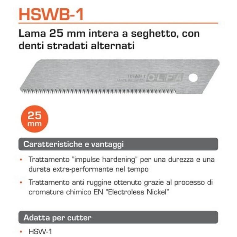 Lama OLFA HSWB-1/1B 25mm seghettata per Cutter Taglierino HSW-1 legno plastica dura made in Japan - immagine 2