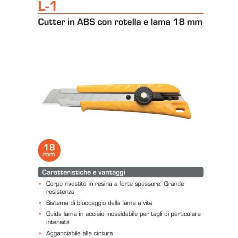 Cutter Taglierino OLFA L-1 ABS lama 18mm kevlar grafite linoleum cartongesso made in Japan - immagine 2