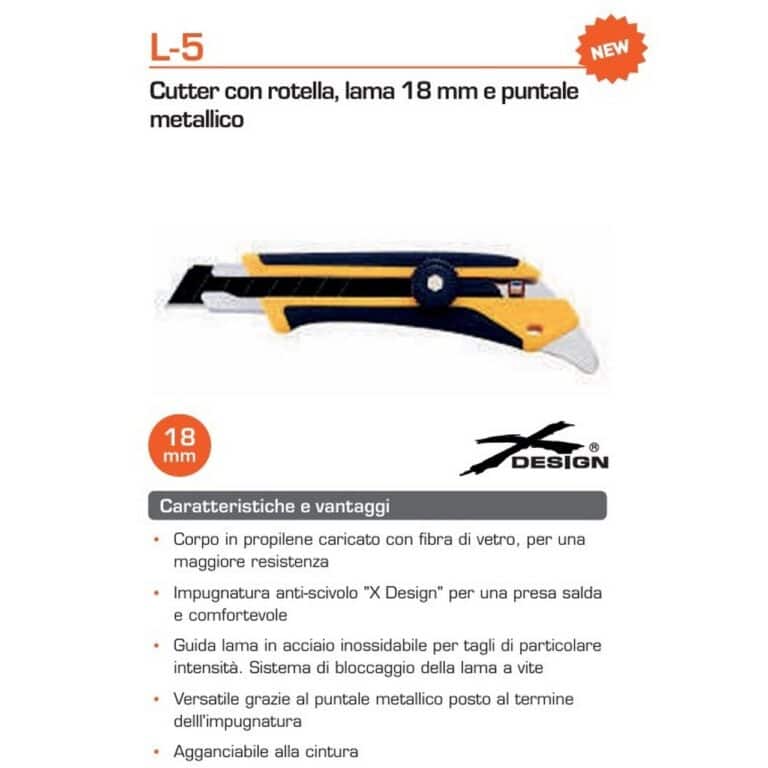 Cutter Taglierino OLFA L-5 lama 18mm per gomma corda tessuti e puntale piega made in Japan - immagine 2