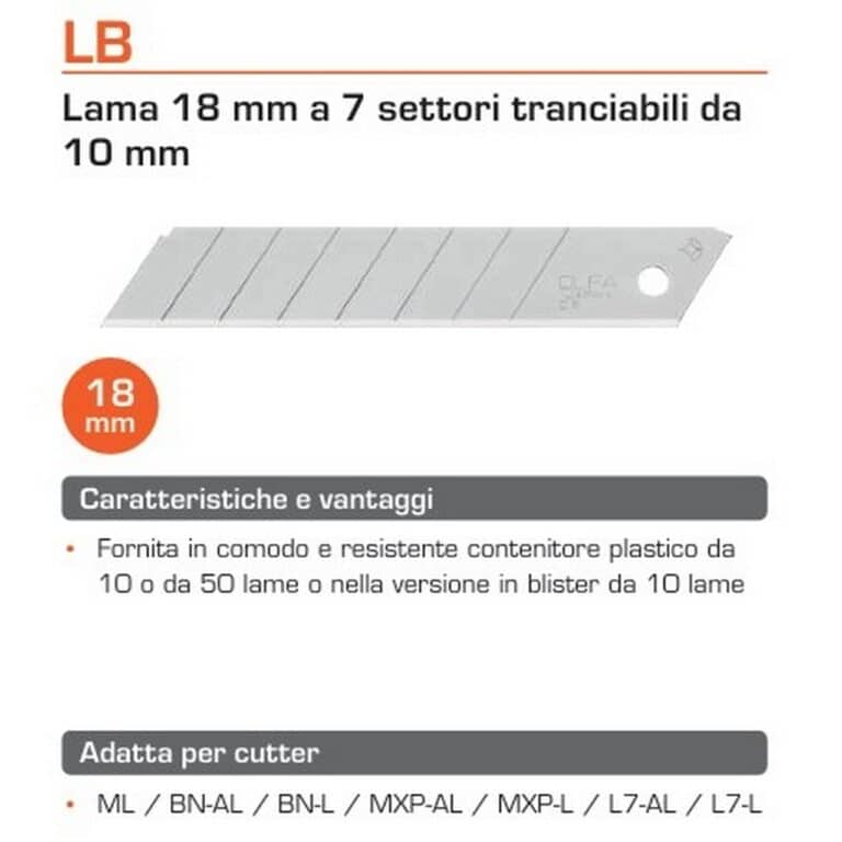 10 Lame Universali OLFA LB 18mm LB-10 per cutter taglierino ML BN-AL BN-L MXP-AL MXP-L L7-AL L7-L - immagine 2