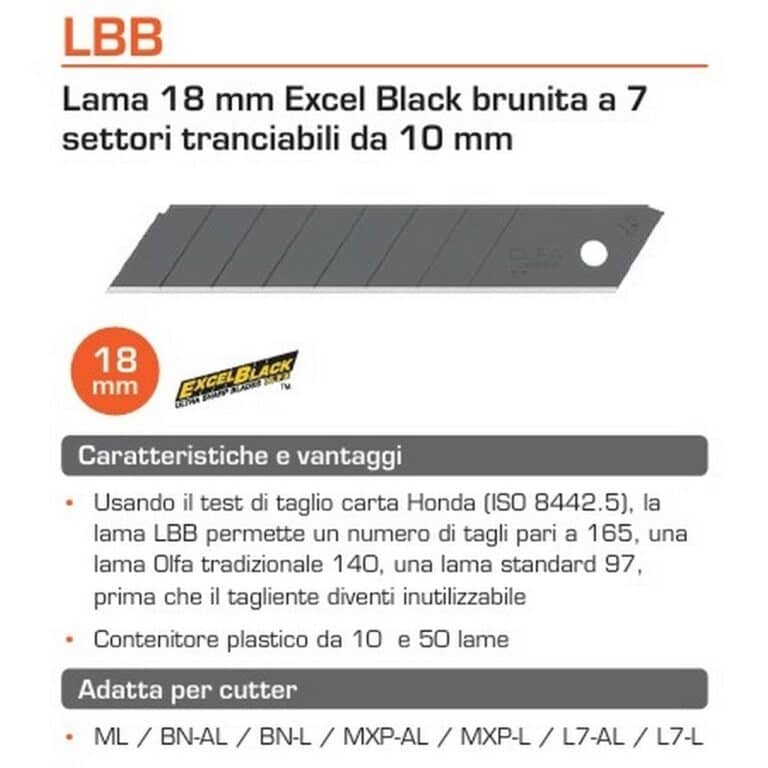 50 Lame OLFA LBB per cutter taglierino 18mm Excel Black LBB-50 lunga durata made in Japan - immagine 2