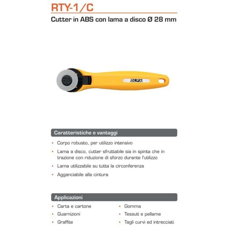 Cutter Taglierino OLFA RTY-1/C ABS lama 28mm tagli curvi tessuti gomma pelle made in Japan - immagine 2