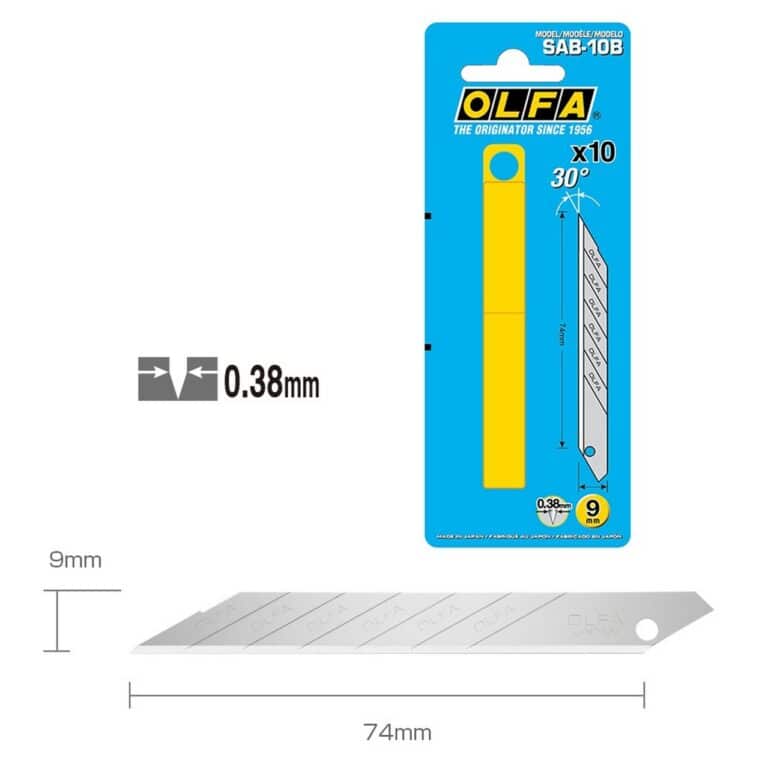 10 Lame OLFA SAB per cutter taglierino SAC-1 da 9mm inclinate 30° e 6 settori tranciabili SAB-10B made in Japan