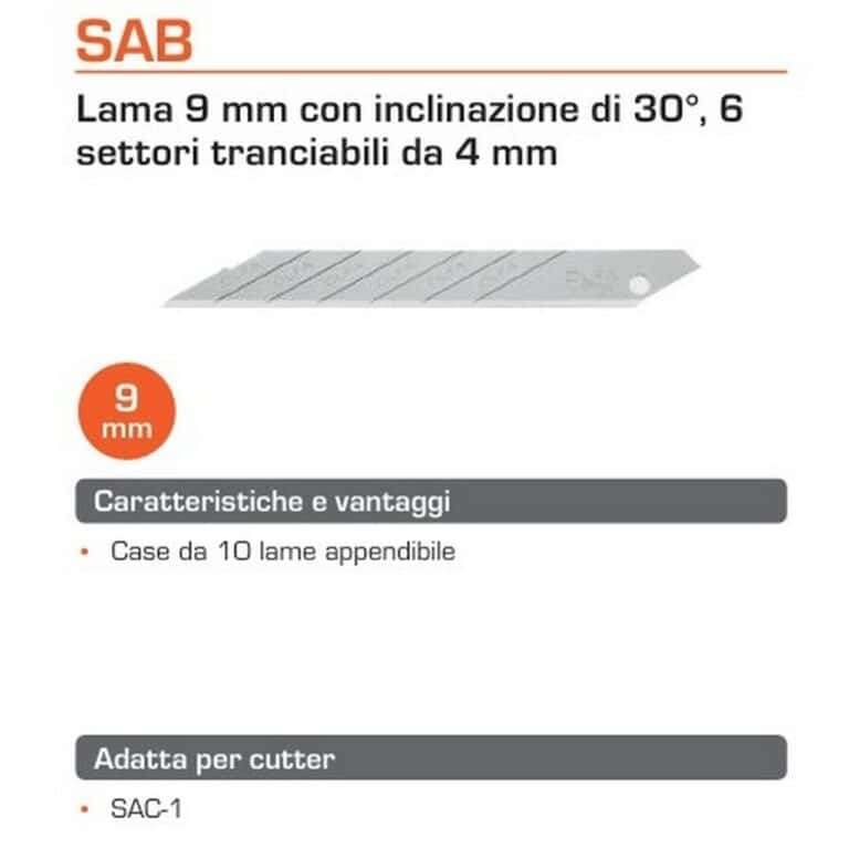 10 Lame OLFA SAB per cutter taglierino SAC-1 da 9mm inclinate 30° e 6 settori tranciabili SAB-10B made in Japan - immagine 2