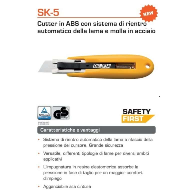 Cutter Taglierino OLFA SK-5 in ABS lama rientro a molla antinfortunistico per imballaggi vari made in Japan - immagine 2